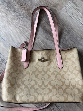 Coach Beige Signature Tote with Pink Leather Handles